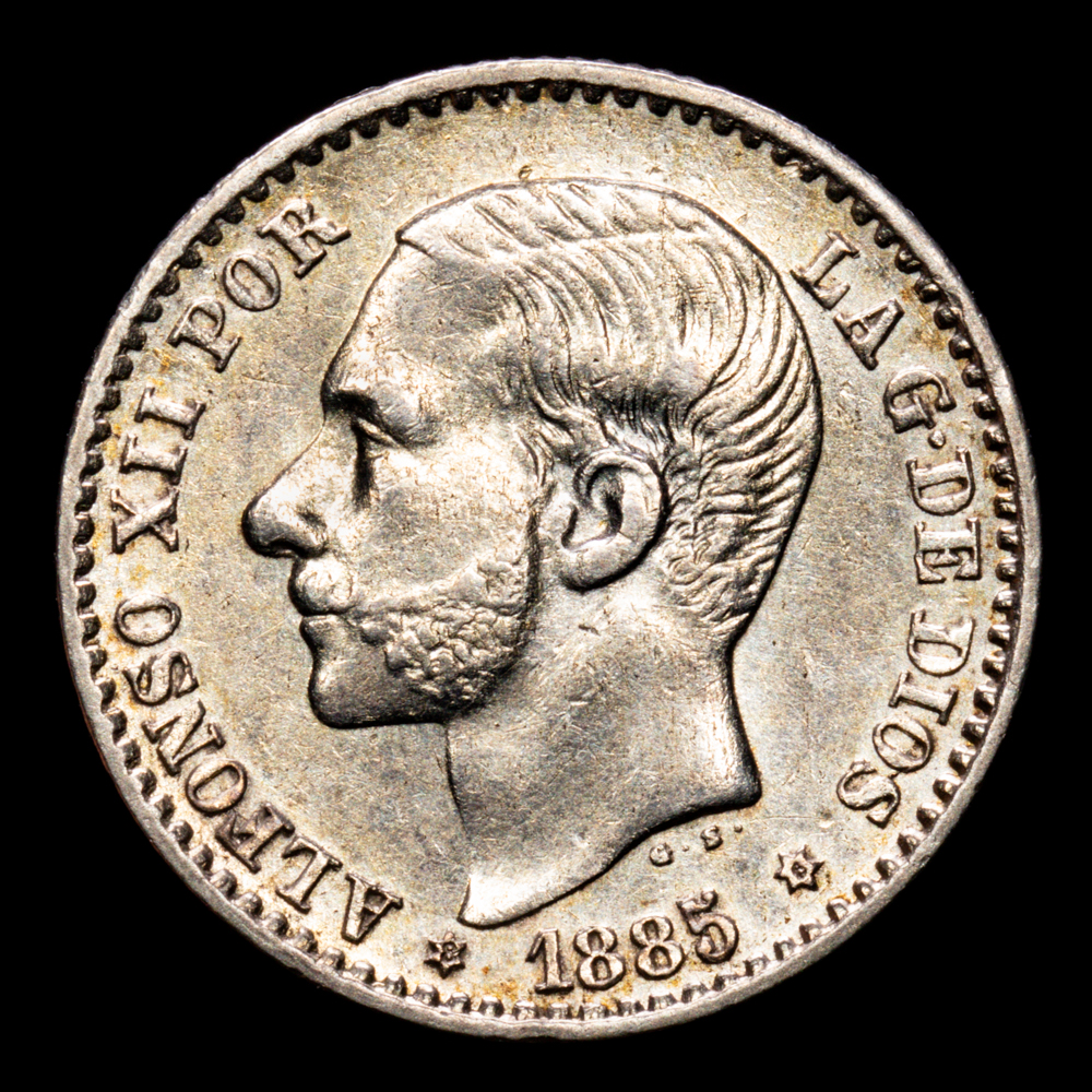 Alfonso XII. 50 Centimos. (2.52 g.). Madrid. 1885 *18-85*. Ensayadores MS-M. Aureo y Calico-14. EBC.