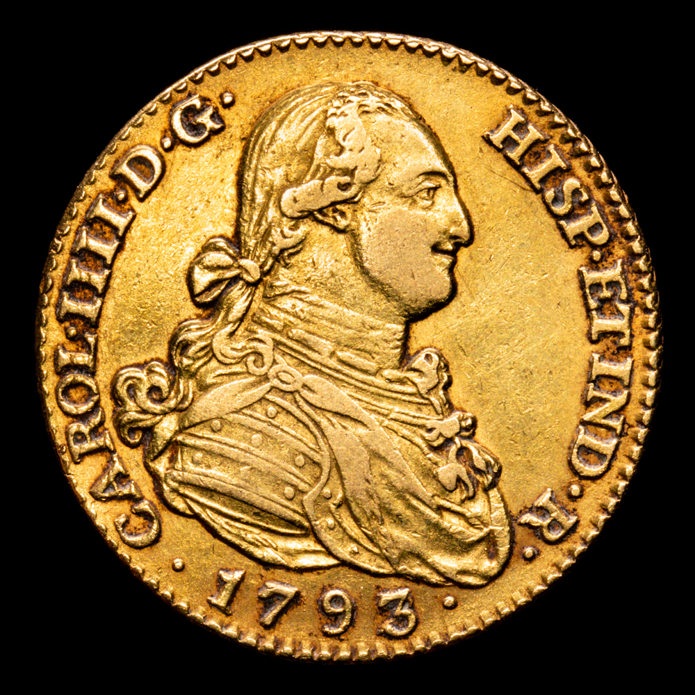 Carlos IV. 2 Escudos. (6.76 g.). Madrid. 1793/2. Ensayadores M·F. Aureo y Calico-1278. MBC+.