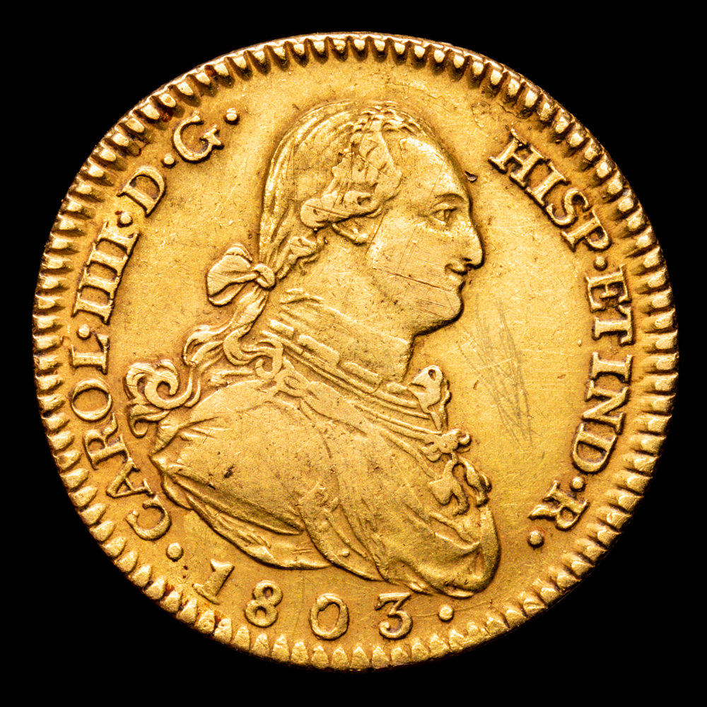 Carlos IV. 2 Escudos. (6.6 g.). Madrid. 1803. Ensayadores F·A/M·F. Aureo y Calico-1307. MBC.