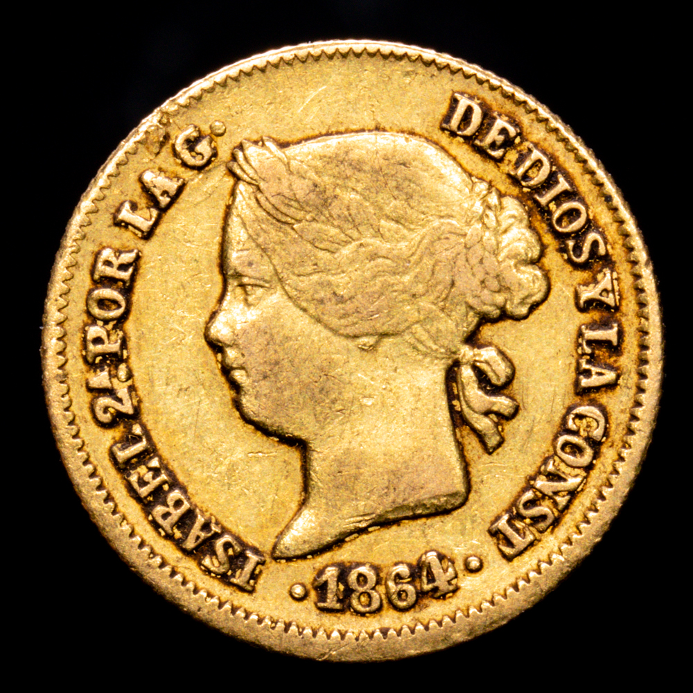 Isabel II. 1 Peso. (1.74 g.). Manila. 1864/3. Aureo y Calico-835. MBC+. Rara. Sobrefecha