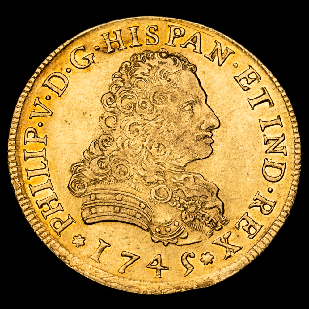 Felipe V (1700-1746). 8 escudos. 1745. México. MF. (Cal-2250). (Cal onza-443). Au. 26,95 g.  Parte de brillo original. Rara. EBC- .