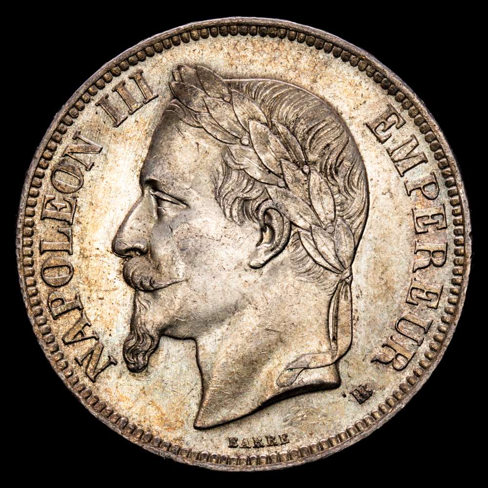 Francia – Napoleon III. 5 Francs. (24,87 g.). Estrasburgo. 1868. Ensayador BB. KM-799.2. XF+. Pátina de monetario antiguo