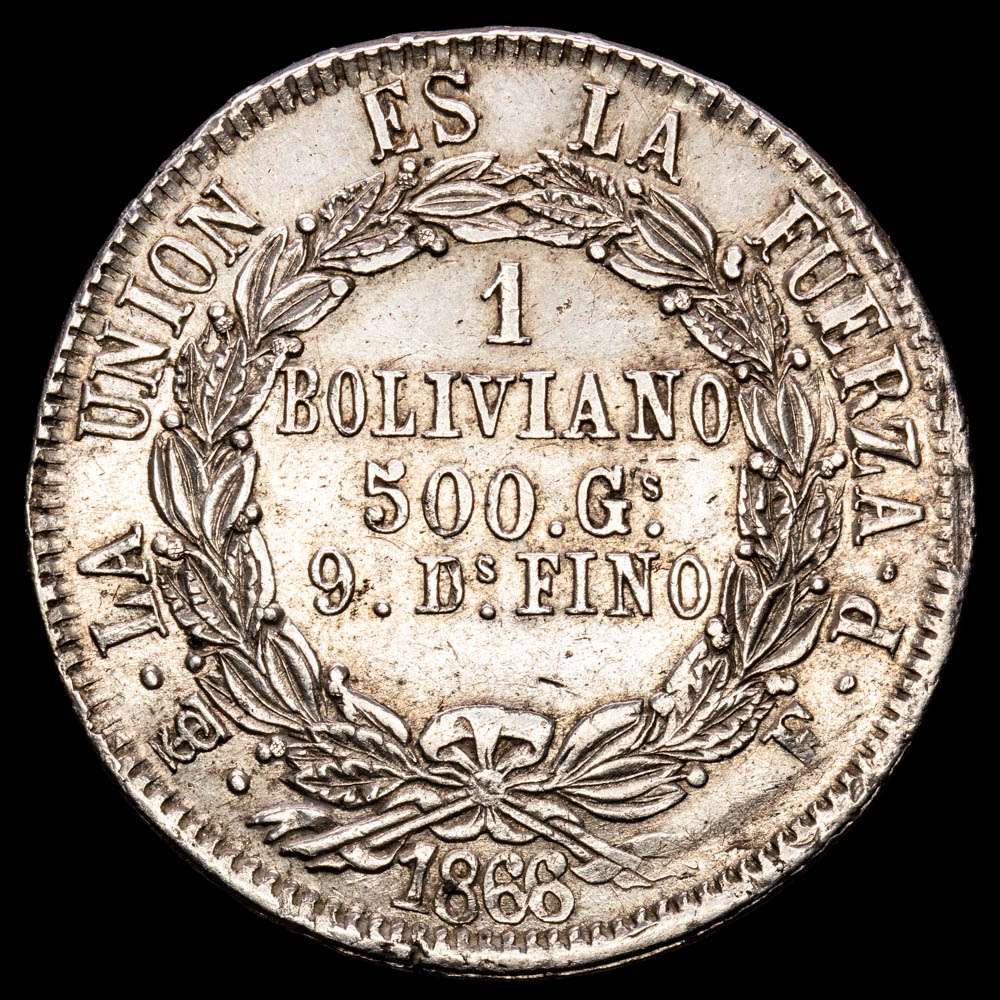 República de Bolivia. 1 Boliviano. (24,85 g.). Potosí. 1866. Ensayador F·P. KM-152.1. VF+.