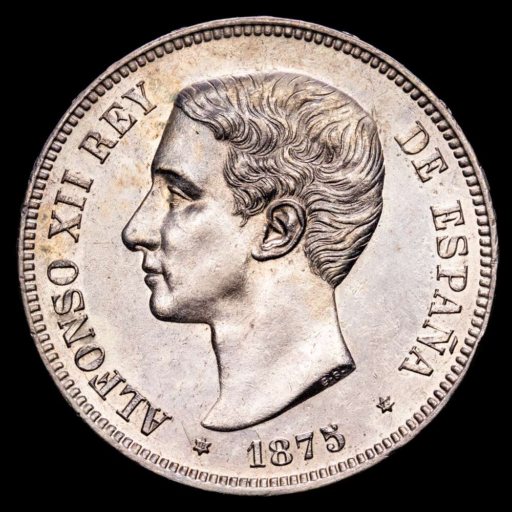Alfonso XII. 5 Pesetas. (24,83 g.). Madrid. 1875 *18-75*. Ensayador DE·M. Aureo y Calicó-35. EBC+. Muy bella