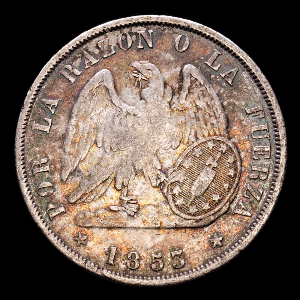 República de Chile. 1 Peso. (24,65 g.). Santiago. 1855. KM-129. MBC+. Bella pátina de monetario antiguo.