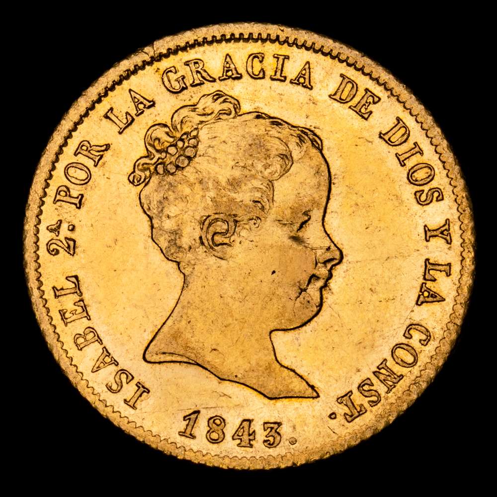 Isabel II. 80 Reales. (6,8 g.). Madrid. 1843. Ensayador C·L. AC-730. EBC+/SC-. Brillo original. Escasa así
