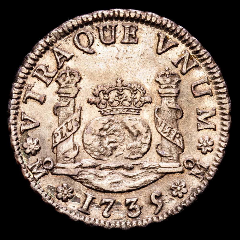 Felipe V. 2 Reales. (6,64 g.). México. 1735/4. Ensayador M·F. Aureo y Calico-810. EBC+. Muy bella . Rara así .