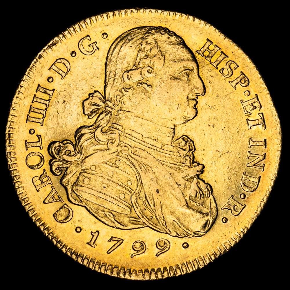 Carlos IV. 8 Escudos. (26,96 g.). Popayán (Colombia). 1799. Ensayador J·F. AC-1671. EBC. Restos de brillo original.