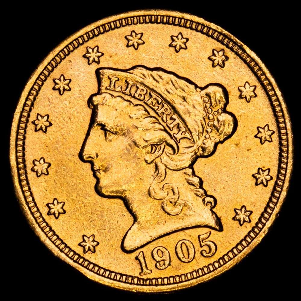 Estados Unidos. 2 1/2 Dollars (4,18 g.). 1905. KM-72. VF+. Tirada 217800 piezas.
