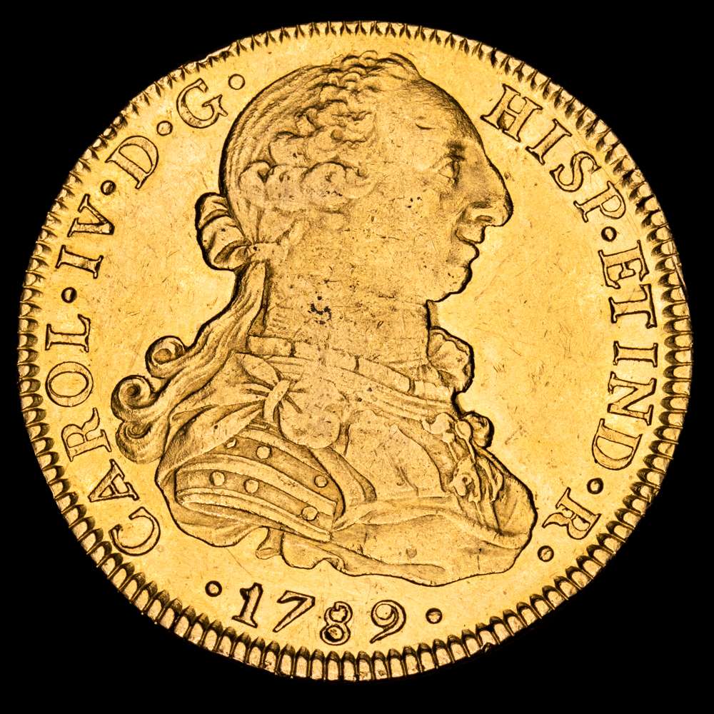 Carlos IV. 8 Escudos. (27,03 g.). México. 1789. Ensayador F·M. AC-1627. EBC-. Escasa. Bustos de Carlos III ordinal de Carlos IV