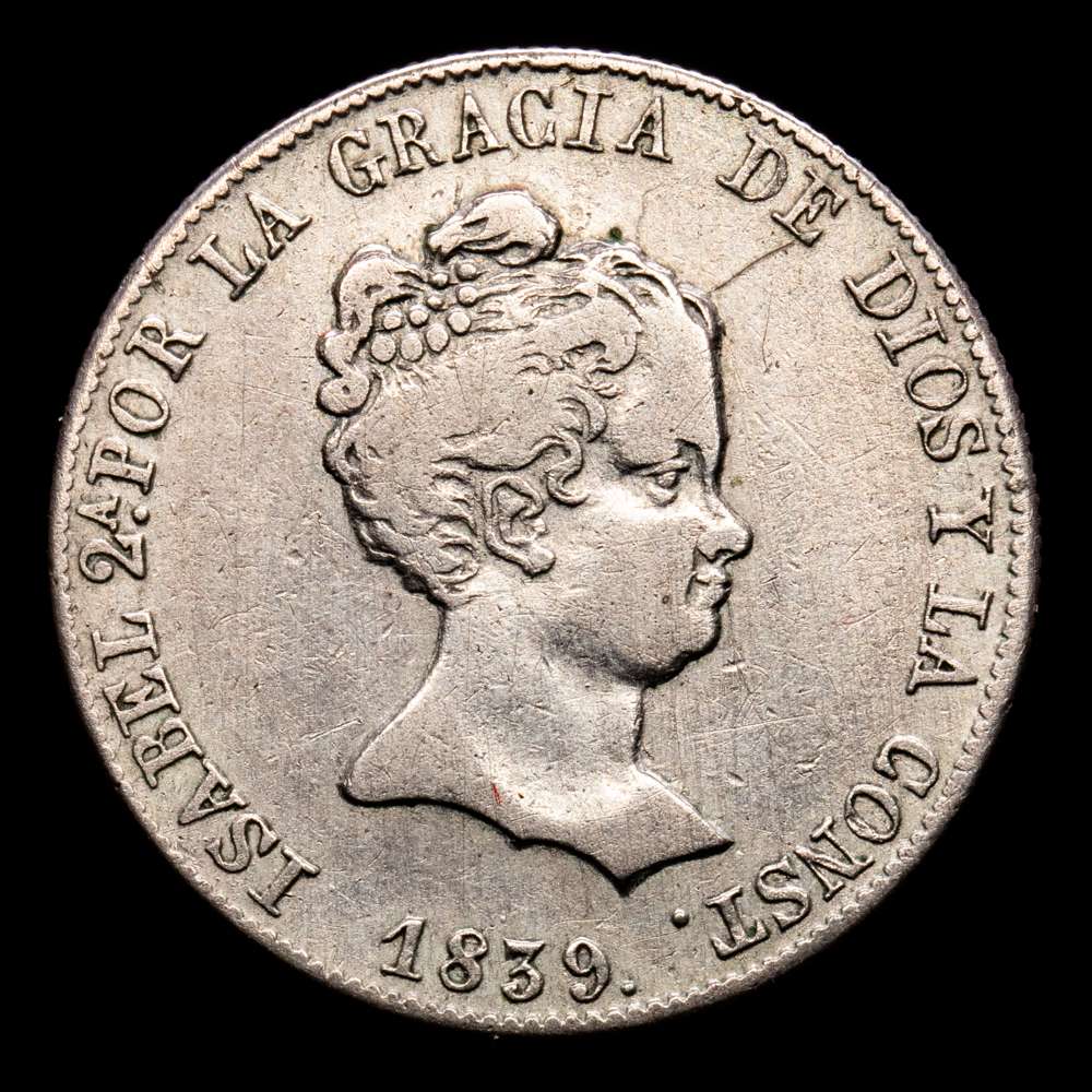 Isabel II. 4 Reales. (5,82 g.). Barcelona. 1839. Ensayador P·S. Aureo y Calico-413. MBC. Escasa!. Ex. Colección Baldomero de la Fuente