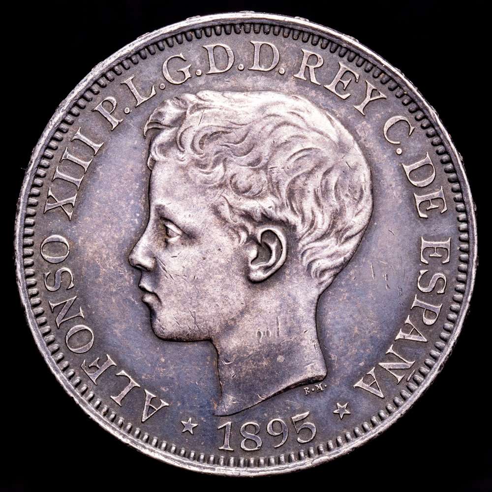 Alfonso XIII. 1 Peso. (25,12 g.). Puerto Rico. 1895. AC-128. EBC. Rara. Preciosa pátina de monetario antiguo.