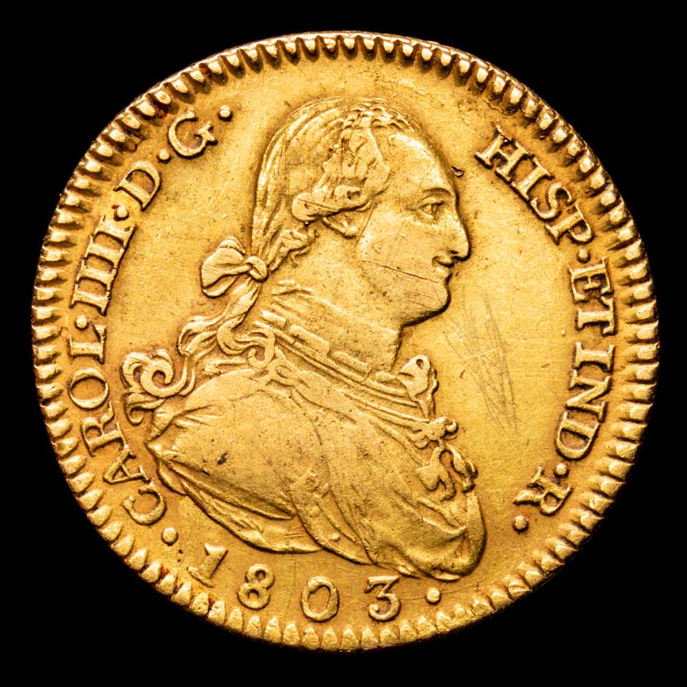 Carlos IV. 2 Escudos. (6.6 g.). Madrid. 1803. Ensayadores F·A/M·F. Aureo y Calico-1307. MBC.