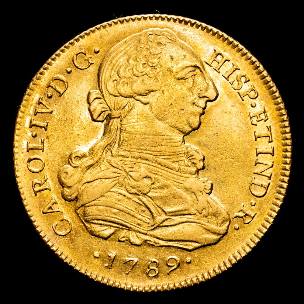 Carlos IV. 8 Escudos. (26,94 g.). Lima. 1789. Ensayador I·J. Aureo y Calico-1588. EBC/EBC+. Parte de brillo original. Bello color.