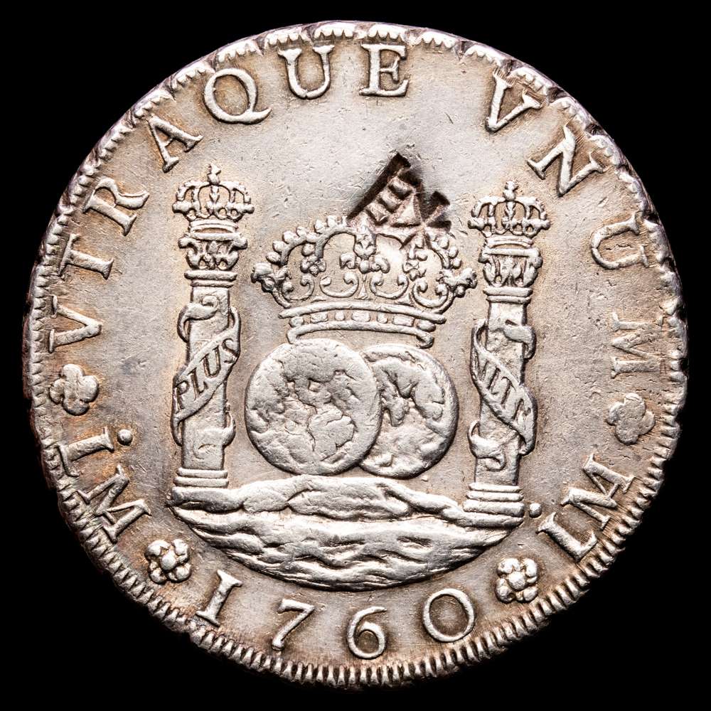 Fernando VI. 8 Reales. (27,01 g.). Lima. 1760. Ensayador J·M. Aureo y Calico-468. MBC+. Contramarca china