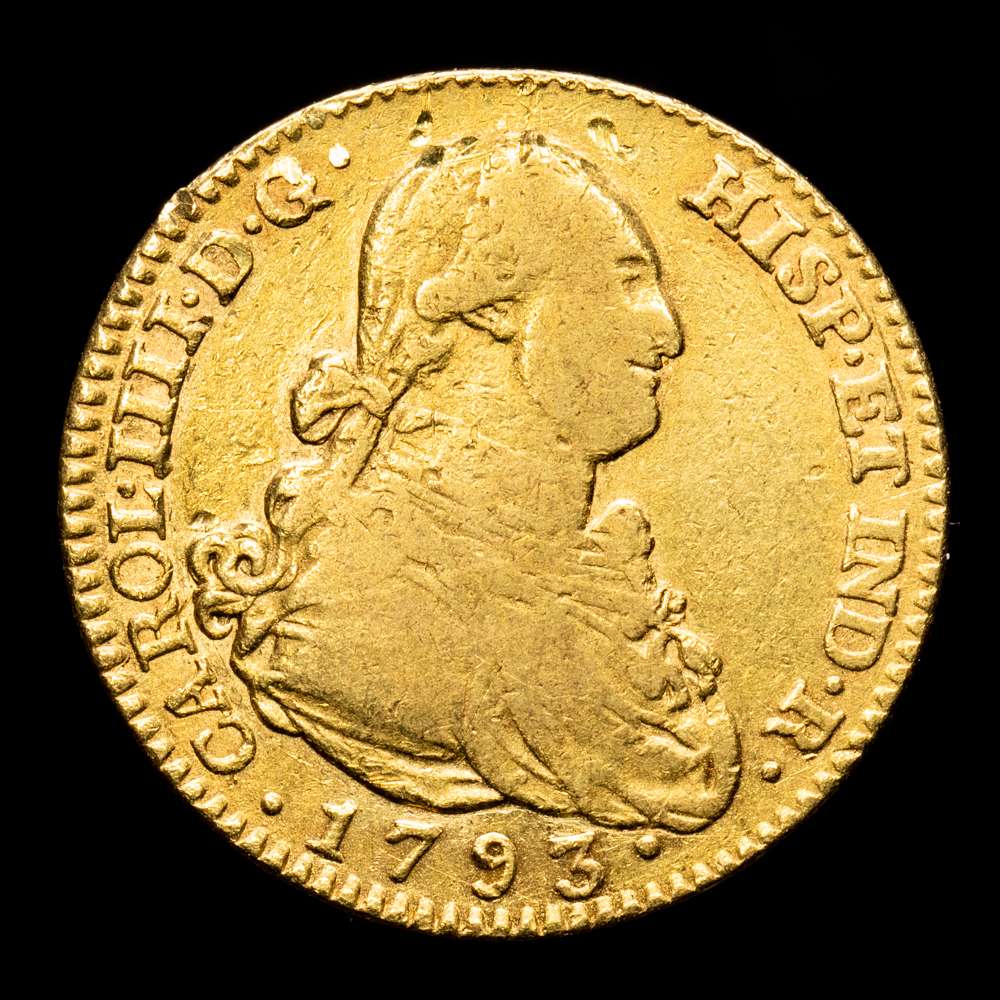 Carlos IV. 2 Escudos. (6,72 g.). Madrid. 1793. Ensayador M·F. Aureo y Calico-1279. MBC.