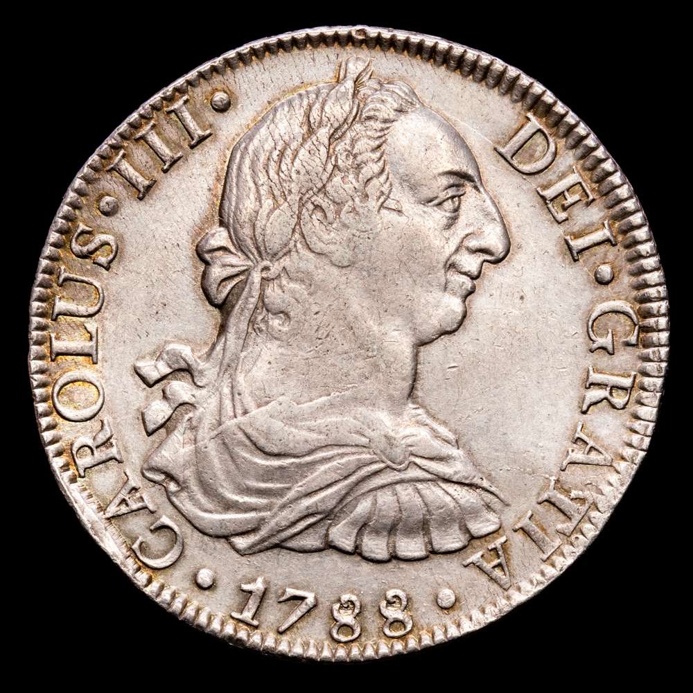 Carlos III. 8 Reales. (26,95 g.). México. 1788. Ensayador F·M. Aureo y Calico-1132. MBC+. Restos de brillo original. Suave tono