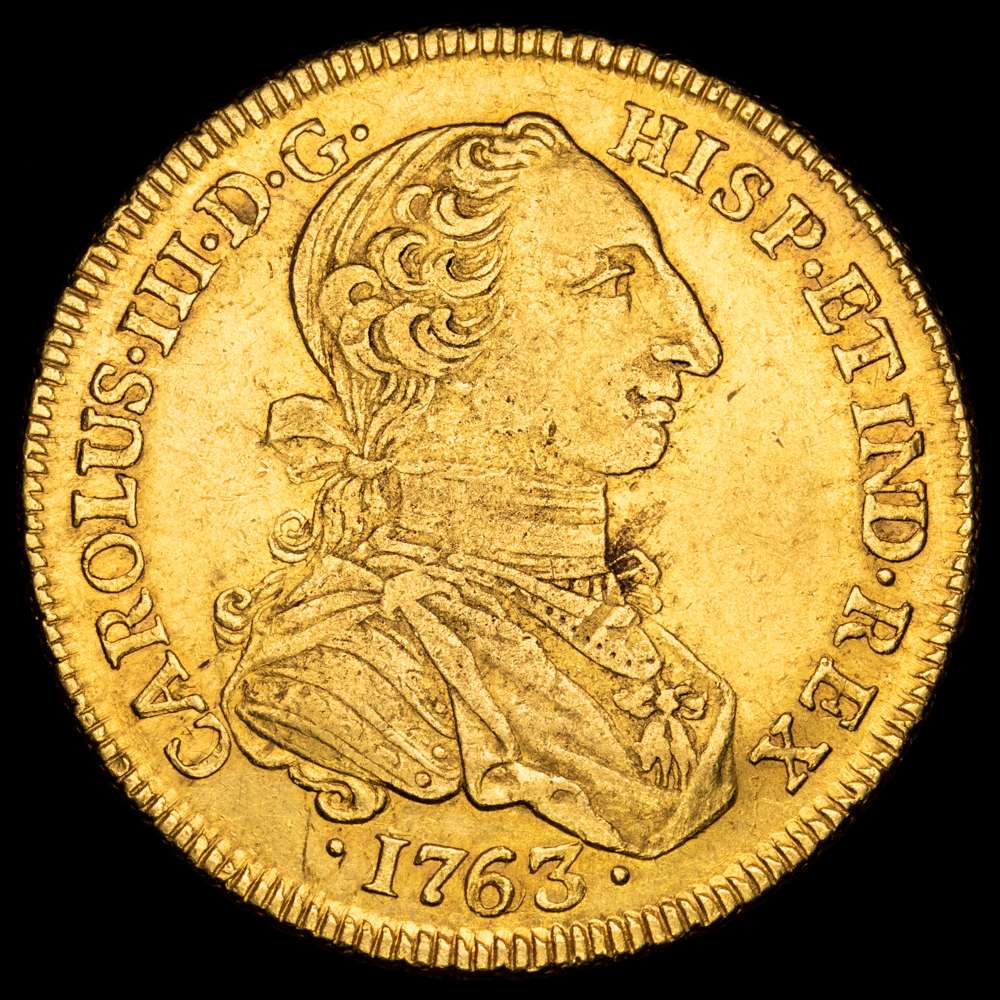 Carlos III. 8 Escudos. ( 26,97g.). Nuevo Reino. 1763. Ensayador J·V.(AC. 2080). Tipo “cara de rata”.Muy Rara. MBC+/EBC-.