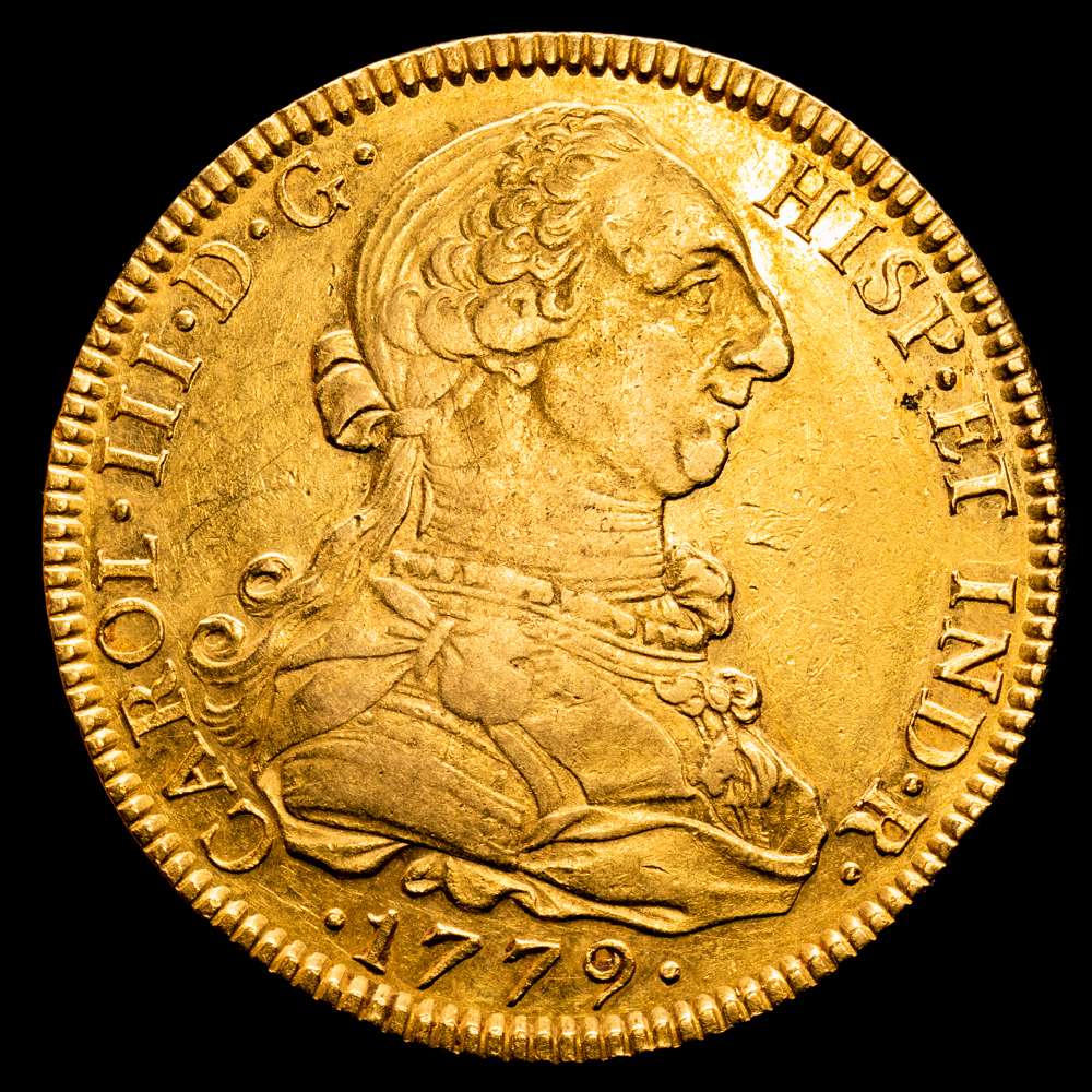 Carlos III. 8 Escudos. (27,03 g.). México. 1779. Ensayador F·F. Invertidos . Aureo y Calico-2008. MBC+. Parte del brillo original.