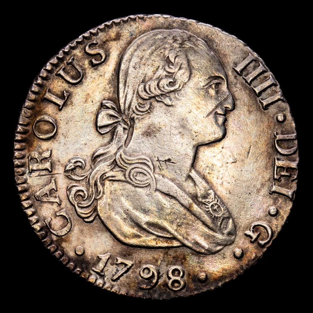 Carlos IV. 2 Reales. (5,85 g.). Madrid. 1798. Ensayador M·F. Aureo y Calico-606. EBC-/EBC+. Restos de brillo original. Escasa