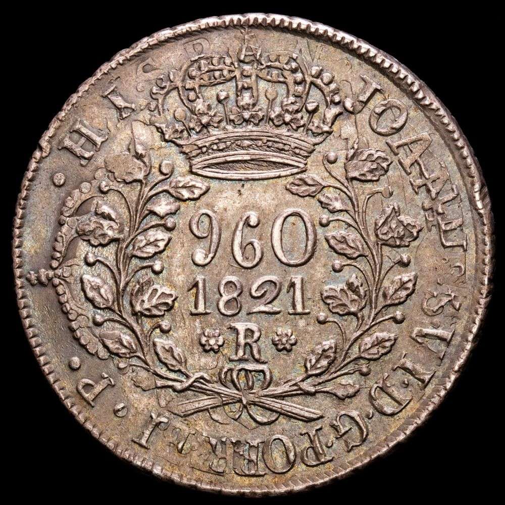 Brasil. Joannes VI. 960 Reis (26,79 g.). Rio. 1821. KM-326.1. XF. Acuñada sobre un 8 Reales, 1817, Lima Ensayador J·P.