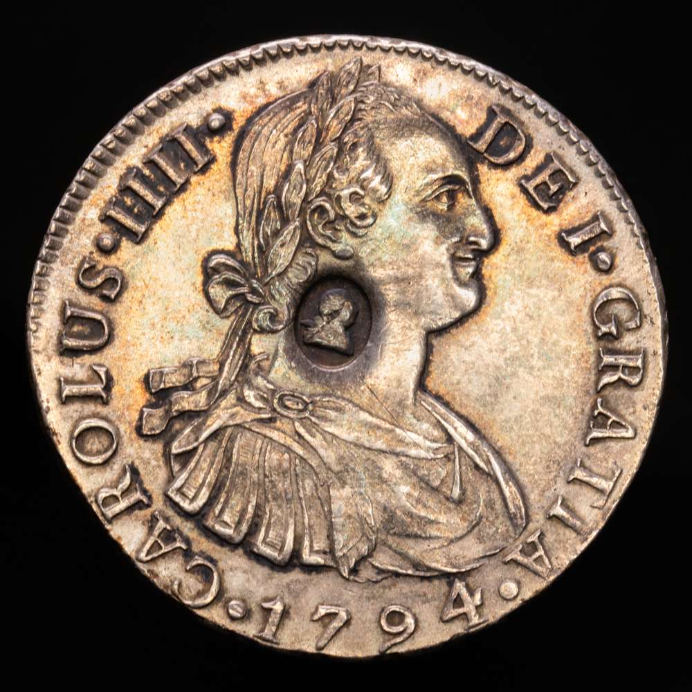 Carlos IV. 8 Reales. (27,18 g.). Lima. 1794. Ensayador I·J. Contramarca de Jorge III de GB . EBC .