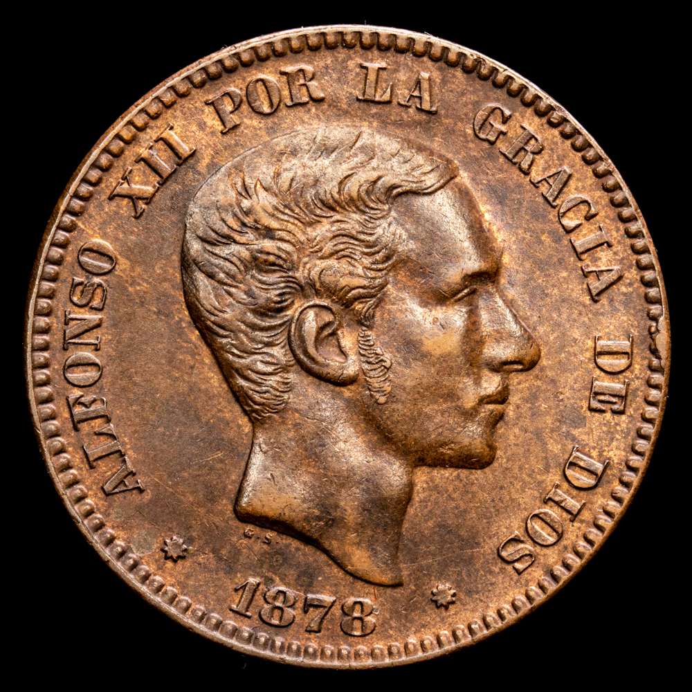 Alfonso XII. 10 Céntimos. (9,92 g.). Barcelona. 1878. Aureo y Calico-9. EBC. Restos de brillo original