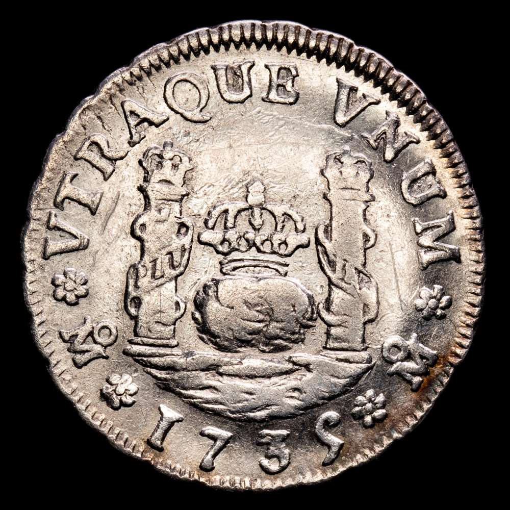 Felipe V. 1 Real. (3,29 g.). México. 1735. Ensayadores M·F. Aureo y Calico-510. MBC+.