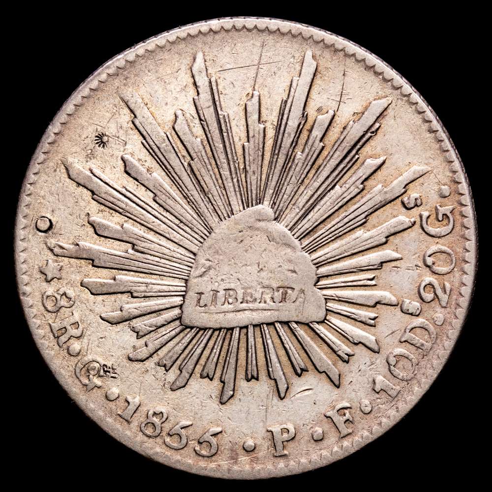 México. 8 Reales. (26,94 g.). Guanajuato. 1855. Ensayador P·F. KM-377.8. MBC+.