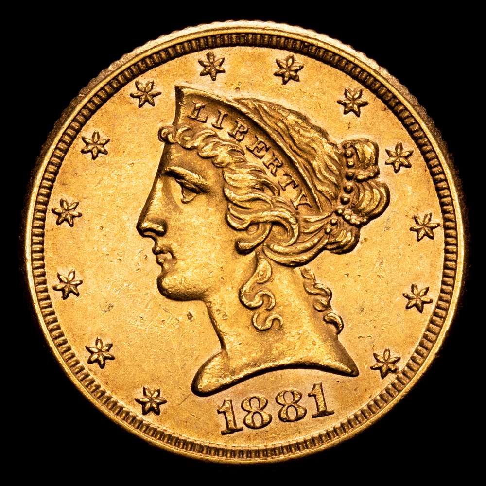 Estados Unidos – Head of Liberty. 5 Dollars. (8,35 g.). Philadelphia. 1881. KM-101. UNC-. Gran parte del brillo original