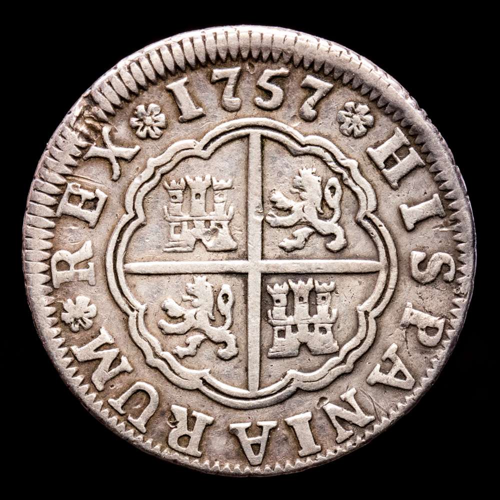 Fernando VI. 2 Reales. (5,91 g.). Sevilla. 1757. Ensayador V·J. Aureo y Calicó-281. MBC.