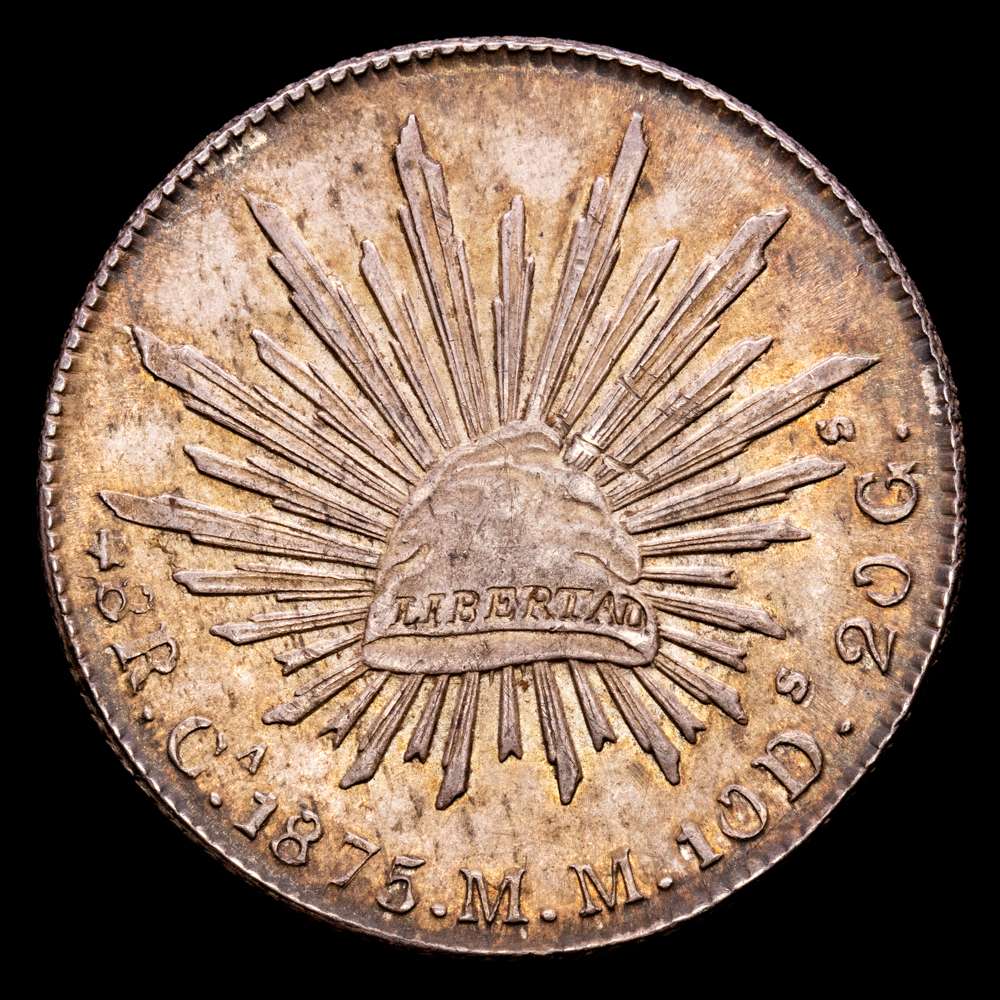 República de México. 8 Reales. (27,07 g.). Chiuahua. 1875. Ensayador M·M. KM-377.2. XF. Bonita pátina iridiscente