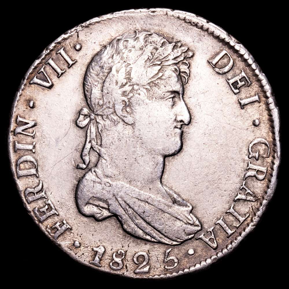 Fernando VII. 8 Reales. (26,8 g.). Potosí (Bolivia). 1825. Ensayador J. AC-1393. MBC+. Escasa.