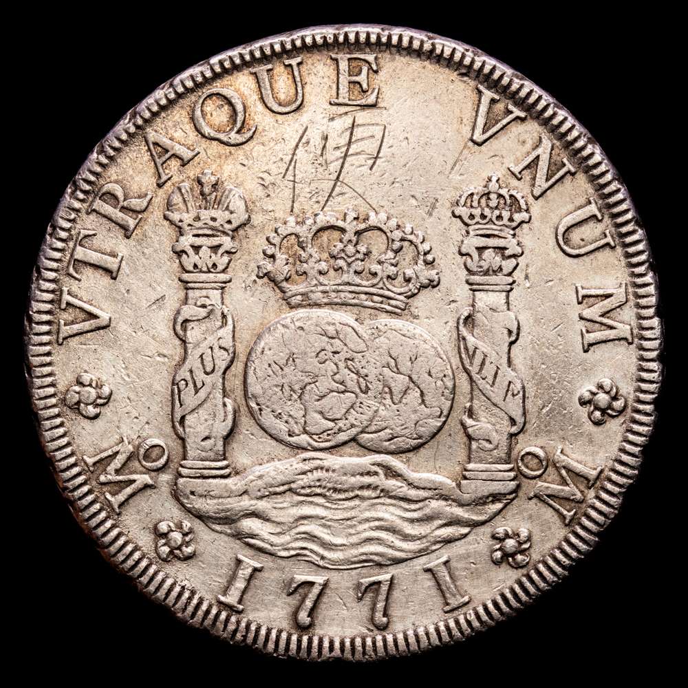 Carlos III. 8 Reales. (26,89 g.). México. 1771. Ensayador F·M. Aureo y Calico-1103. MBC+. Grafiti en anverso.