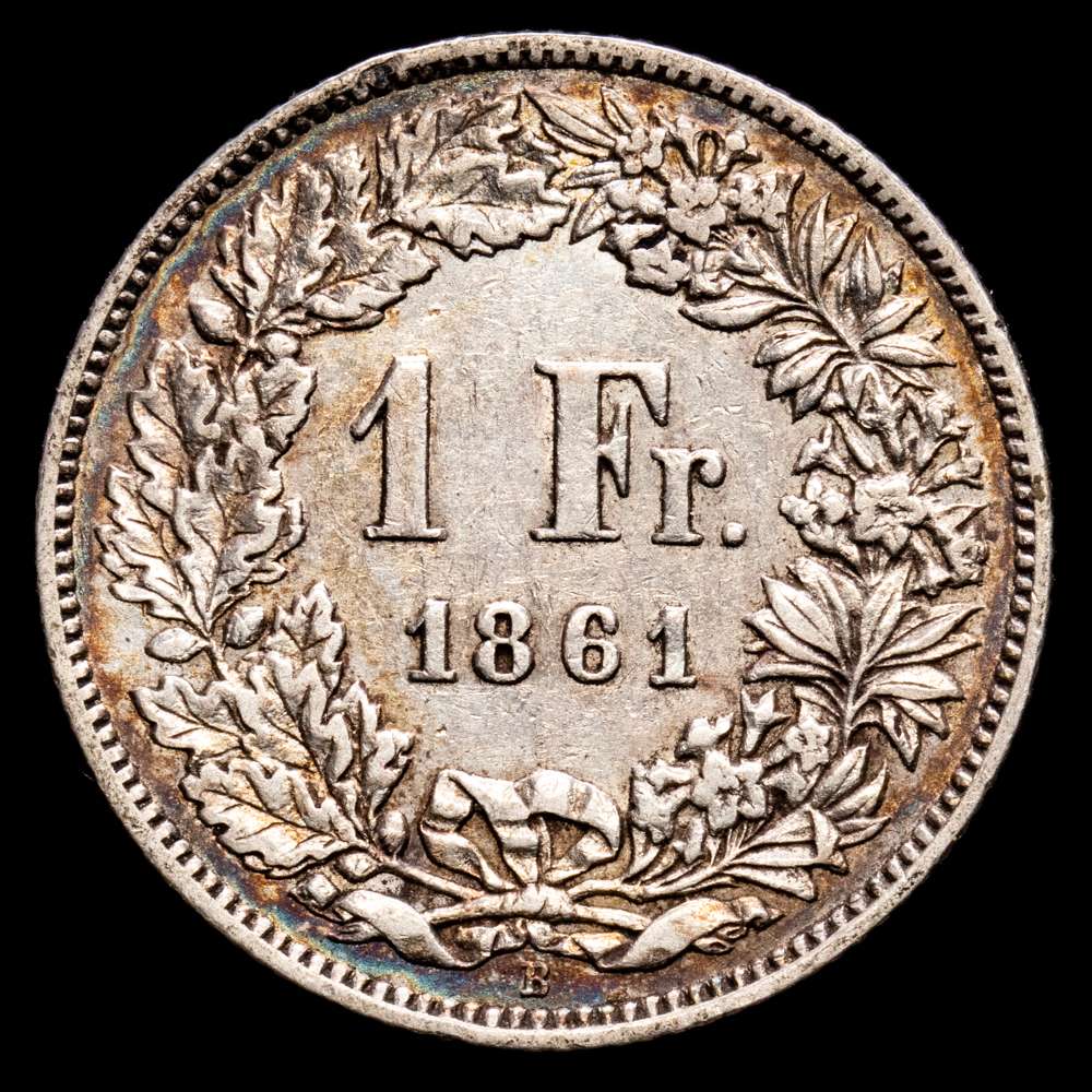 Switzerland. 1 Franc. (4,95 g.). Bern. 1861. KM-9A. XF. Bern mint “Helvetia Seated”