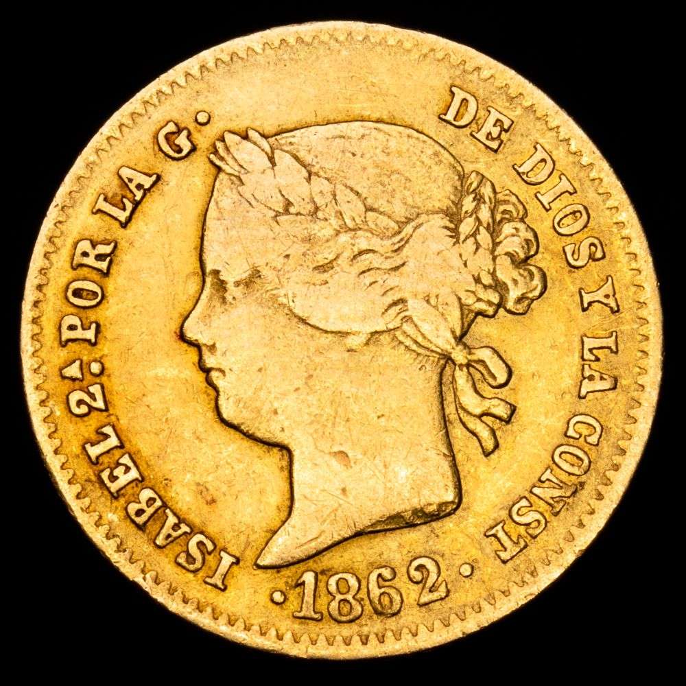 Isabel II. 2 Pesos. (3,38 g.). Manila. 1862. AC-837. MBC. Escasa