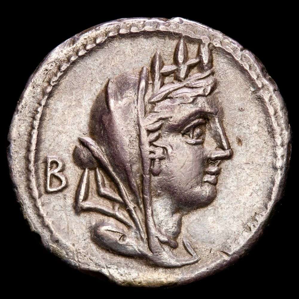 FABIA. C. Fabius C.f. Hadrianus. Denario (3,74 g.). Roma, 104 a.C. Anv.: Cabeza de Cibeles a derecha, detrás letra griega beta (B). Rev.: Victoria en biga a derecha, debajo cigüeña. En ex