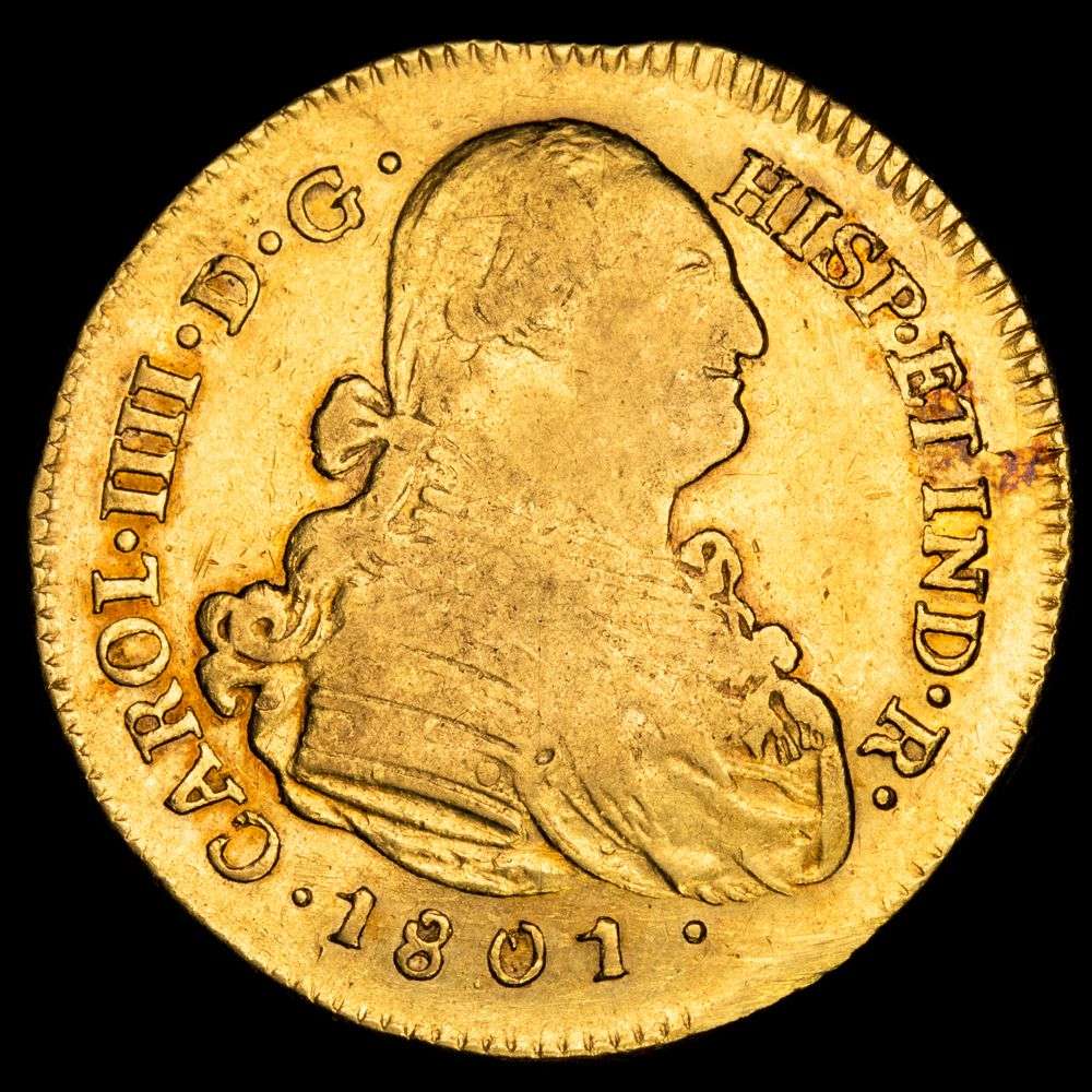 Carlos IV. 4 Escudos (13,40 g.). Popayán. 1801. Ensayador J·F. AC-1518. MBC/MBC+. Restos de brillo original. Rara .