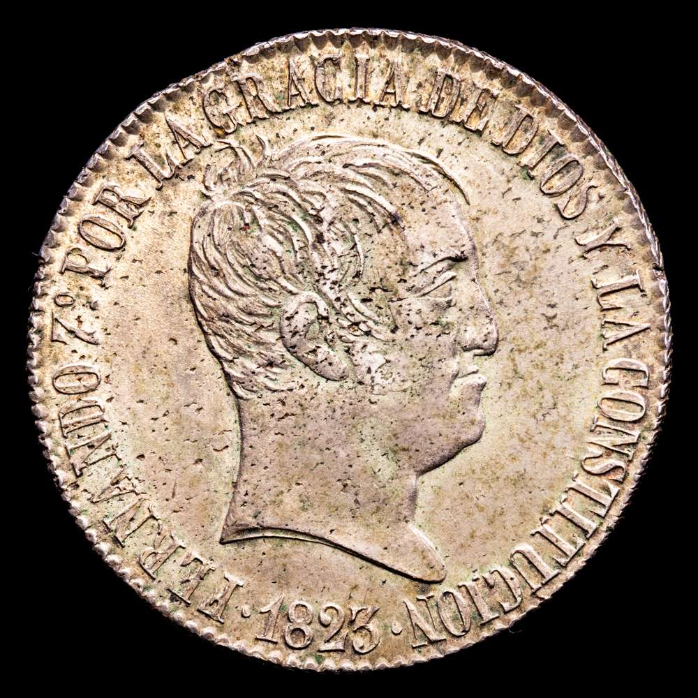 Fernando VII. 20 Reales. (26,9 g.). Barcelona. 1823. Ensayador S·P. Aureo y Calicó – 1146. EBC-. Brillo original subyacente. (Hojitas)