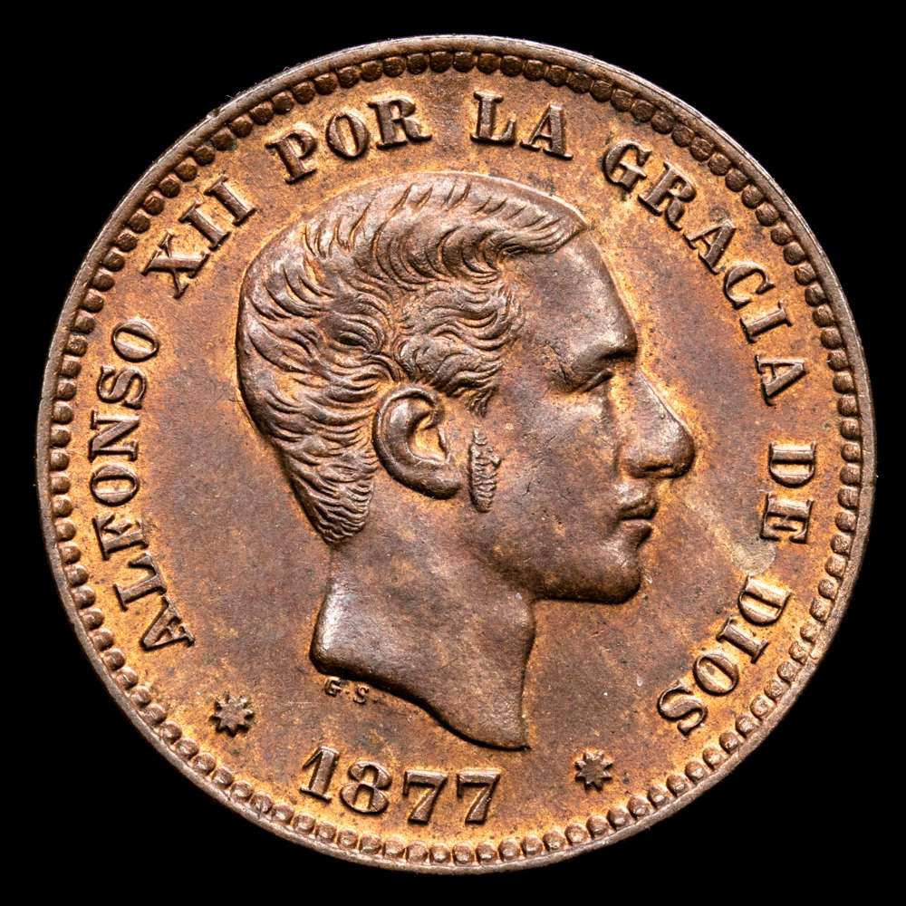 Alfonso XII. 5 Céntimos. (5,19 g.). Barcelona. 1877. Aureo y Calico-4. EBC+. Gran parte del brillo original. Escasa así