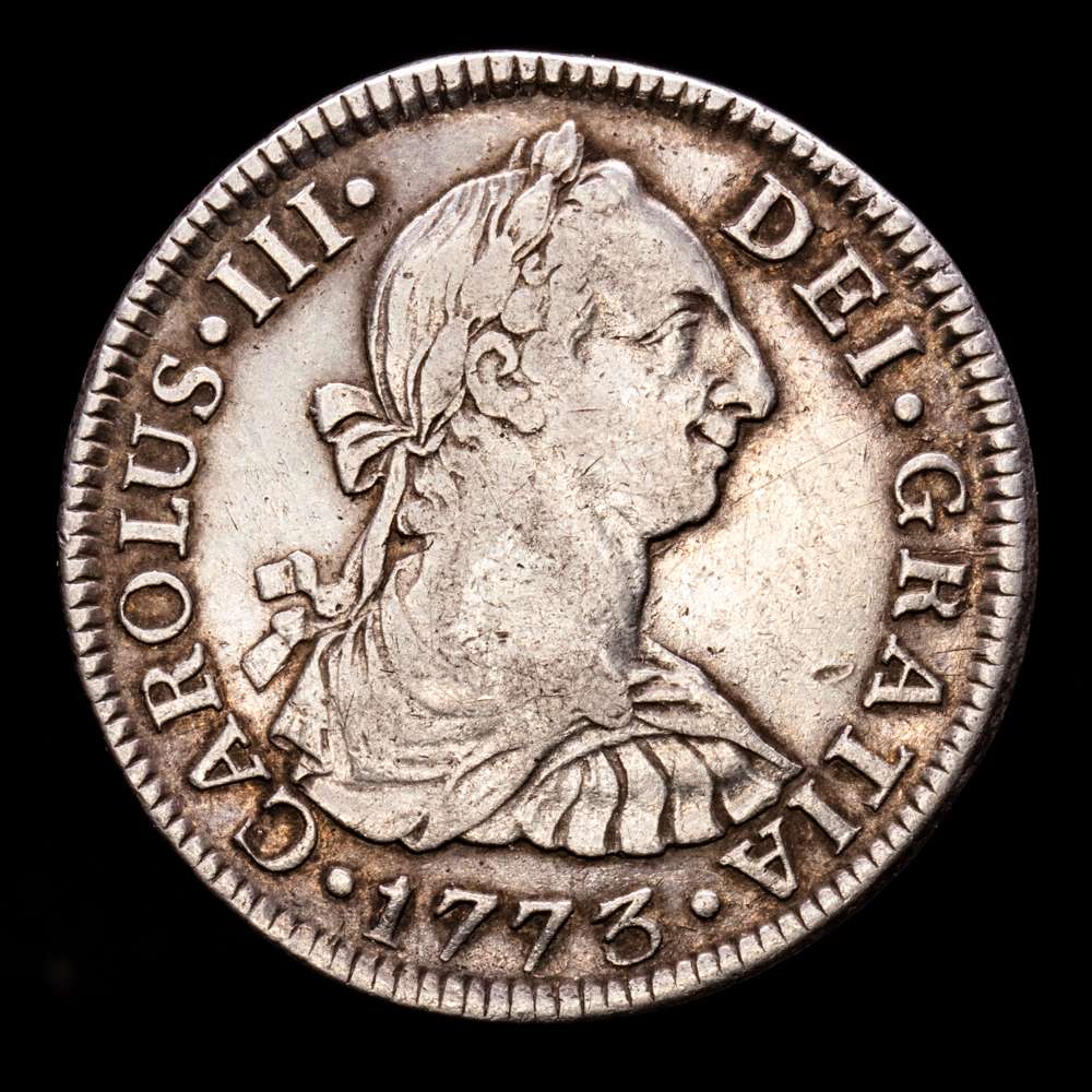Carlos III. 2 Reales. (6,66 g.). México. 1773. Ensayador F·M. Aureo y Calicó – 659. MBC+. Precioso tono.