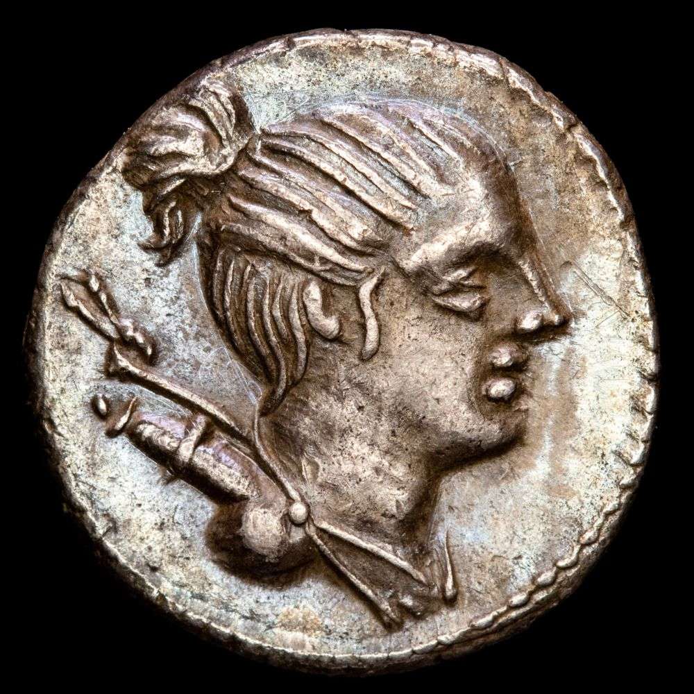 POSTUMIA. C. Postumius At. (o Ta.). Denario (3,77 g.). Roma, 74 a.C. Anv.: Cabeza de Diana a derecha, con arco y carcaj. Rev.: Perro a derecha, debajo lanza. En exergo C. POSTVMI / AT en mon