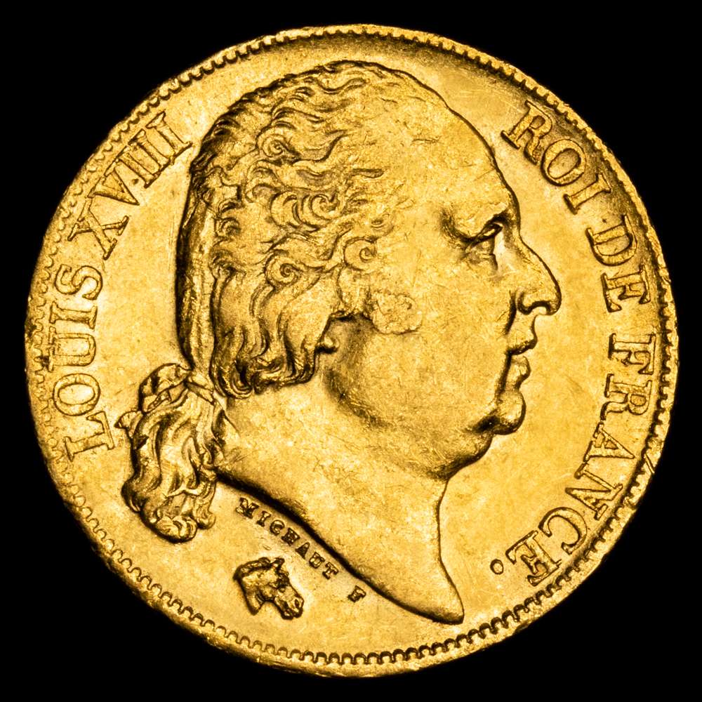 Francia – Luis XVIII. 20 Francos. (6,45g.). París. 1818. Ensayador A. KM-712.1. XF. Restos de brillo original.