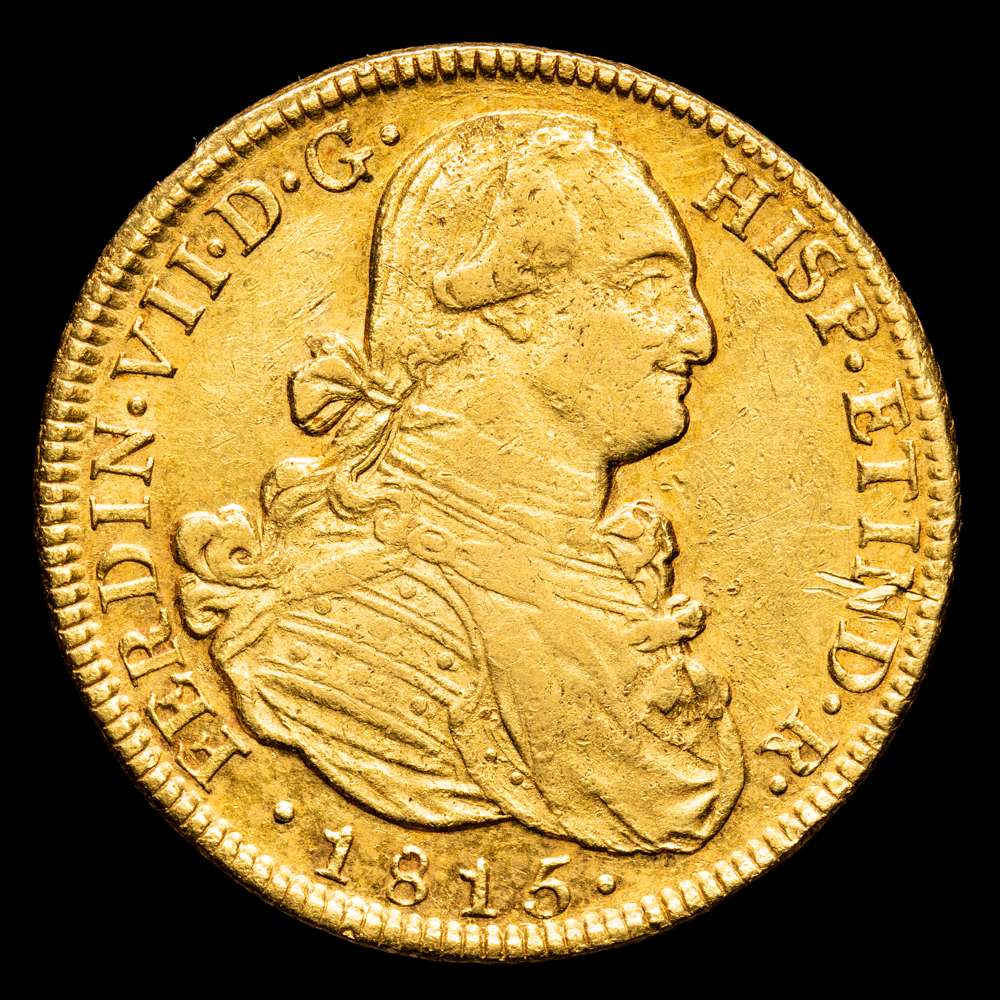 Fernando VII. 8 Escudos. (27,13 g.). Santiago. 1815. Ensayador F·J. Aureo y Calico – 1872. EBC-/EBC. Restos de brillo original.