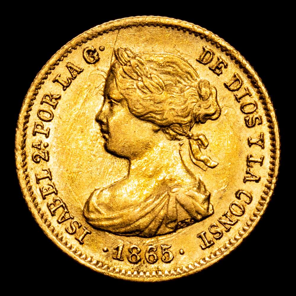 Isabel II. 2 Escudos. (1,69 g.). Madrid. 1865. AC-675. MBC+.