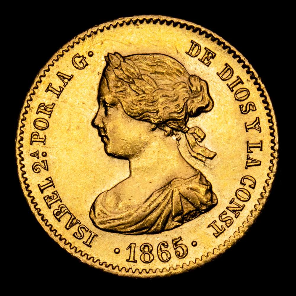 Isabel II. 4 Escudos. (3,39 g.). Madrid. 1865. Aureo y Calicó – 688. EBC-. Brillo original