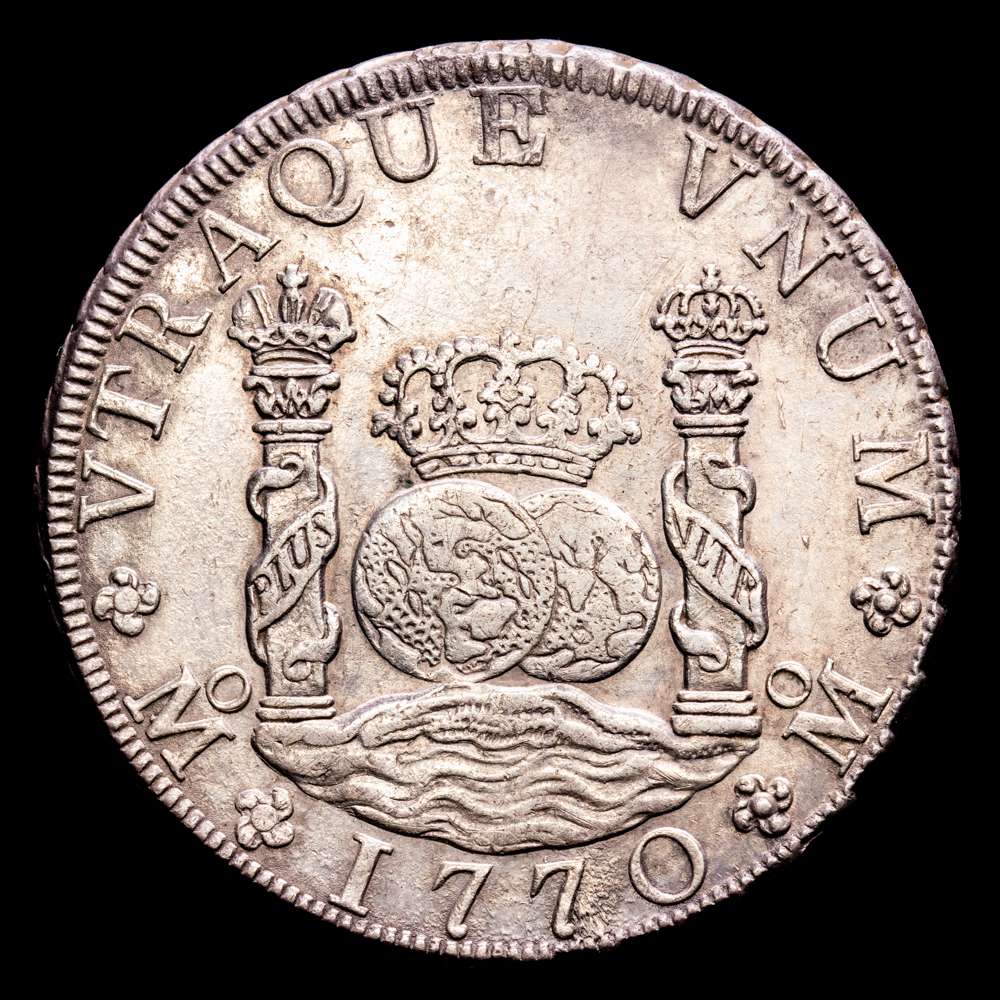 Carlos III. 8 Reales (26,92 g.). 1770. México. Ensayador M·F. Aureo y Calicó – 910. EBC-.