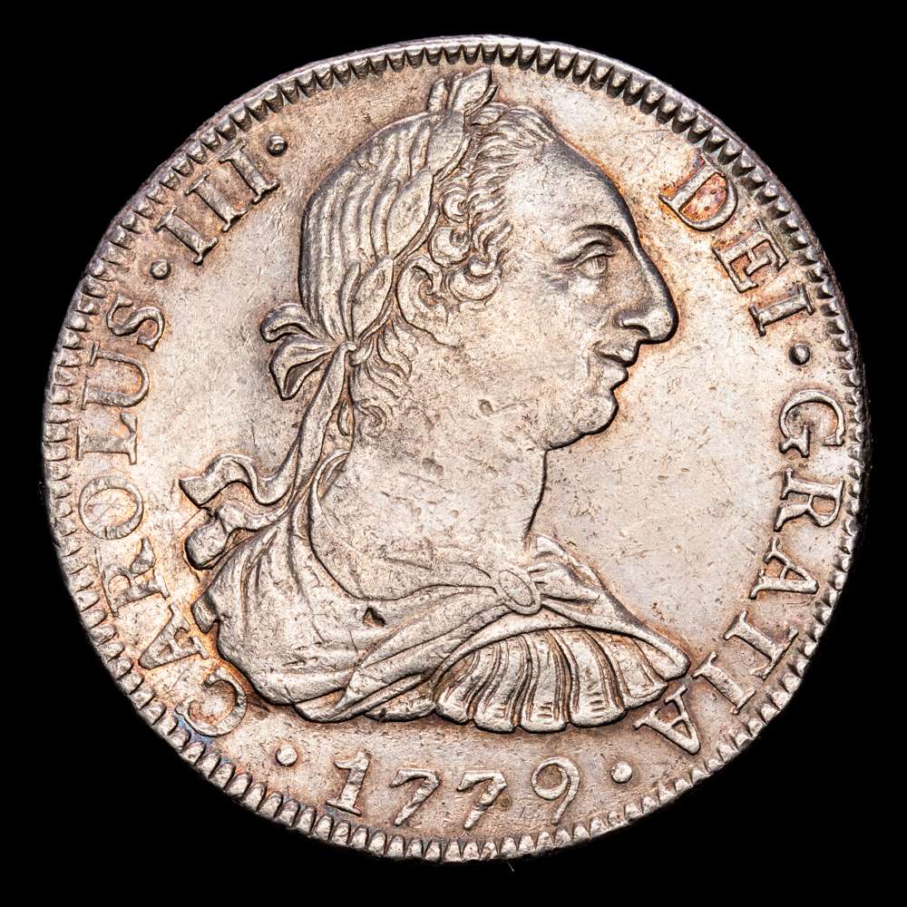 Carlos III. 8 Reales. (27,01 g.). México. 1779. Ensayador F·F. Aureo y Calicó-1118. EBC-. Restos de brillo original. Tono.