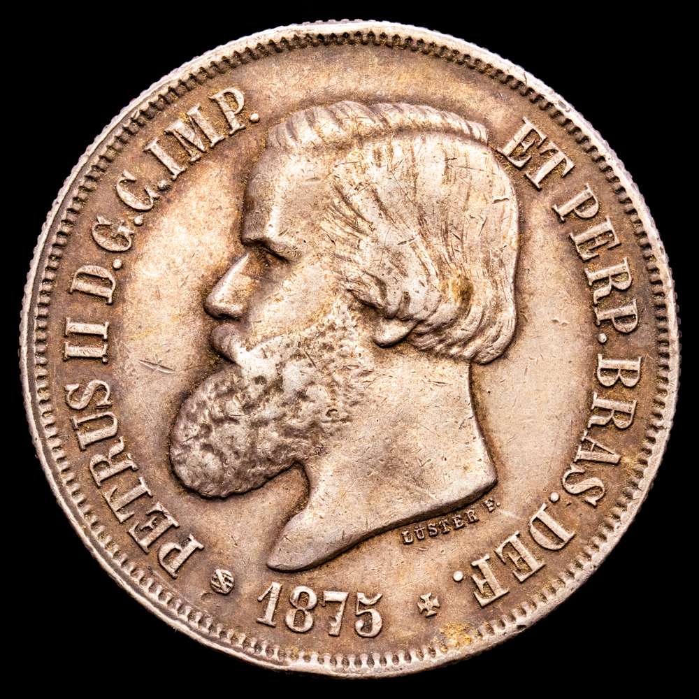 Brasil – Pedro II. 2000 Reis. (26,29 g.). 1875. KM-475A. MBC+. Pátina oscura.