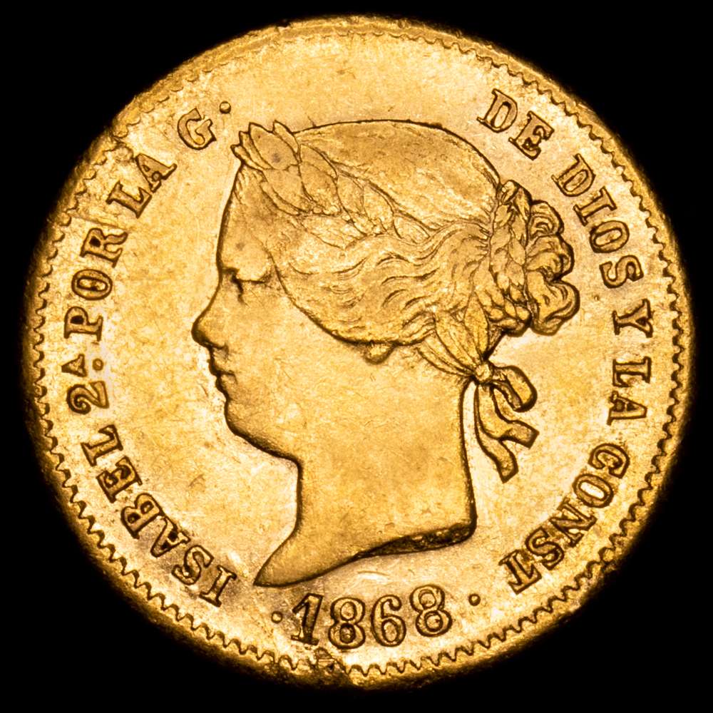 Isabel II. 2 Pesos. (3,37 g.). Manila (Filipinas). 1868. AC-850. MBC+/ EBC-. Restos de brillo original.